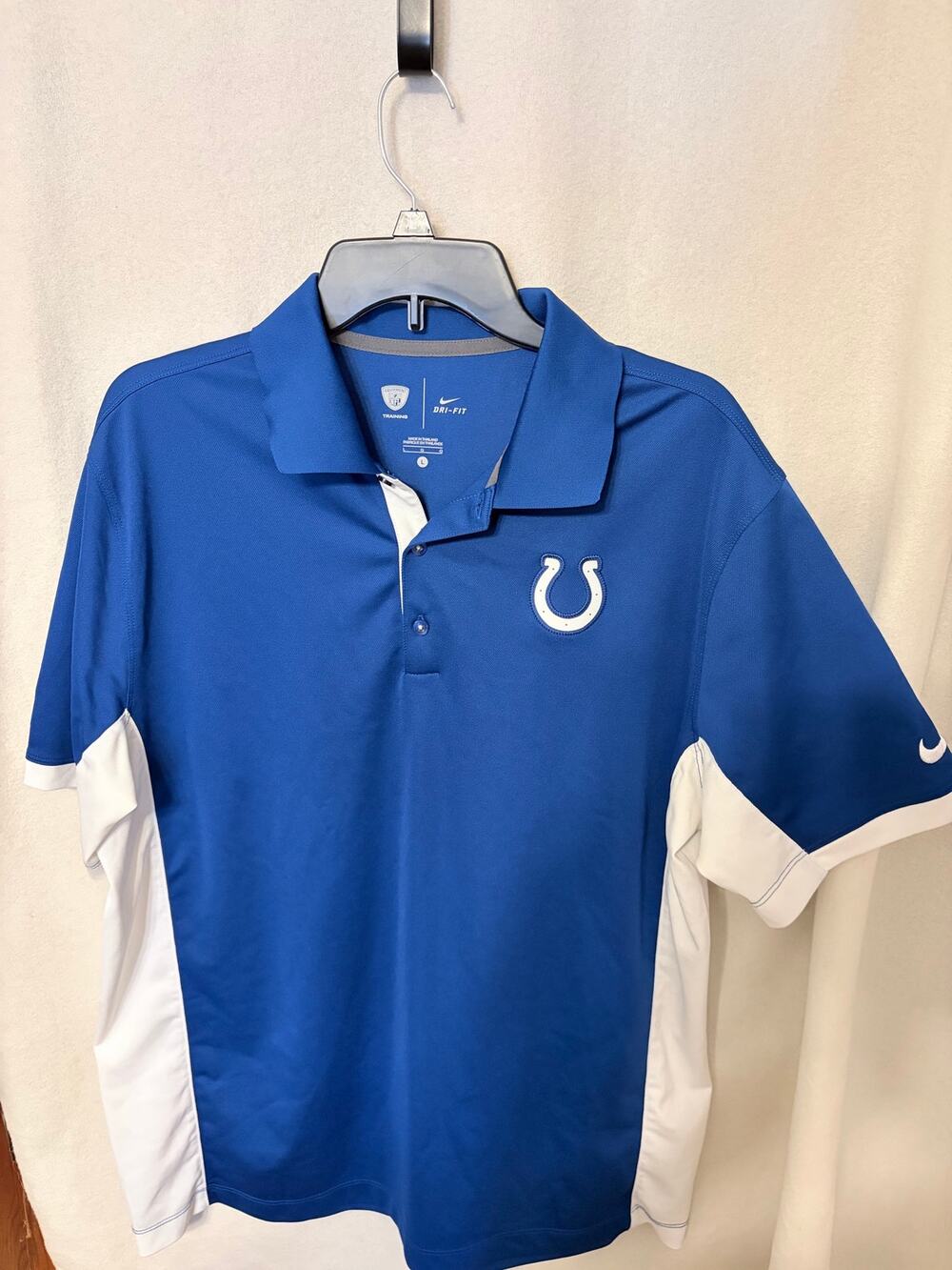 Nike Colts Polo Shirt Mens Large L Blue White Dri Fit NFL Football Sideline Team